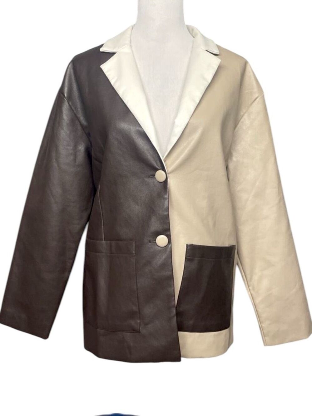 BiBi Faux Leather Color Block Blazer Jacket Mocha Taupe White NEW - Picture 6 of 9